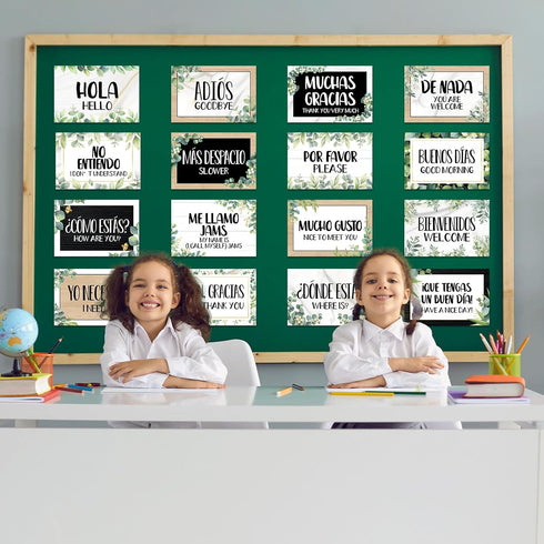 gisgfim 16 Pcs Spanish Words and Phrases Poster Set Spanish Phrases Bulletin Board Study Spanish Classroom Decoration for Teachers Preschool Schoo...