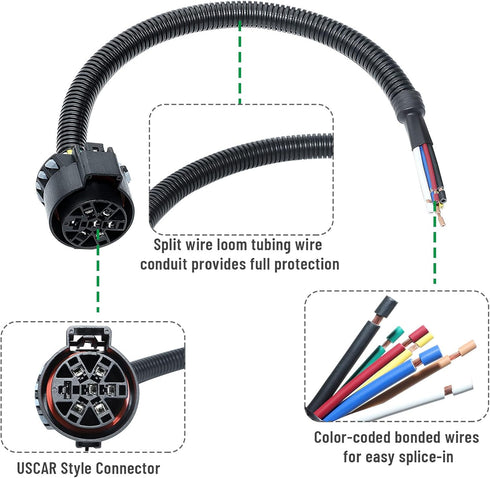 OEM Style Replacement USCAR Connector Wiring Harness, Universal 7 Pin Trailer Plug Truck Side, Splice-in Multi-Tow Factory 7 Way Towing Hitch Wire...
