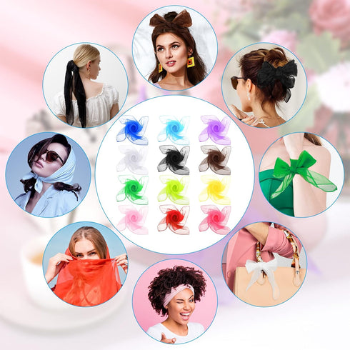 Haysandy 12 Pcs 50s Retro Chiffon Sheer Square Neck Head Scarf for Women Handkerchief Lightweight Satin Ribbon Scarf Hemmed Sheer Neck Scarf Juggl...