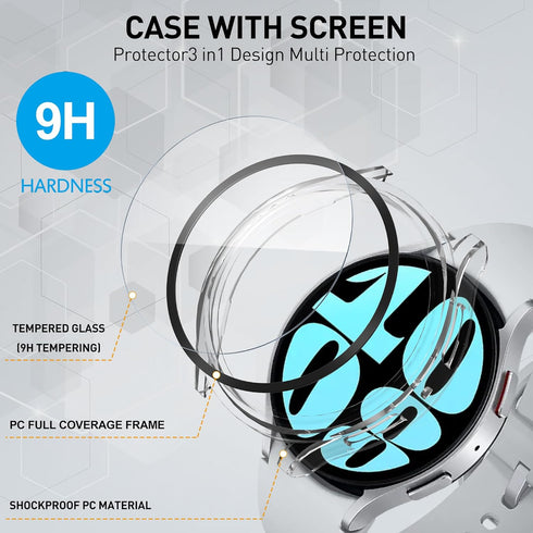 Suoman 2-Pack for Samsung Galaxy Watch 6 44mm Waterproof Screen Protector Case,Around Protective Tempered Glass Film PC Screen Protector Cover for...