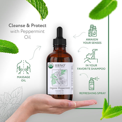 HBNO® California Bottled Organic Peppermint Essential Oil (Mentha Piperita) 4 fl oz (120ml) - USDA Certified Organic Peppermint Oil for Hair - Per...