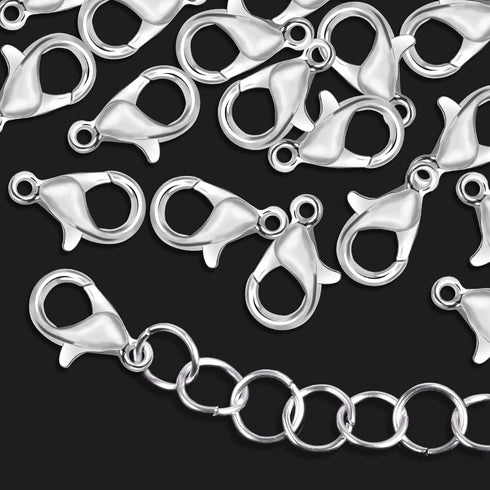 400PCS Lobster Claw Clasps with Open Jump Rings Kit, Bracelet Necklace Silver Fasteners Hooks for DIY Craft Jewelry Making, 12mmX7mm...