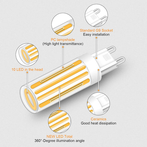 G9 Light Bulb LED 3000K Warm White Dimmable 60W - 80W Halogen Equivalent 8W Led Chandelier Lights Bulb Ceiling Pendant Lighting G9 Bi-Pin Ceramic ...