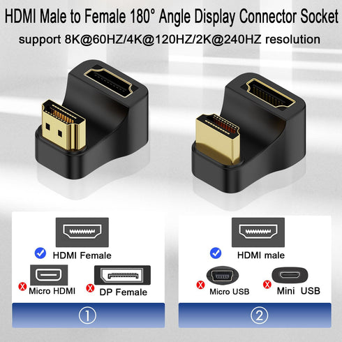 QIANRENON HDMI 2.1 U Shape Angle Display Adapter 8K HDMI 2.1 Male to Female 180° Angle Ultra HD Connector Socket 3D 8K@60Hz UHD2.1, for HDTV Lapto...