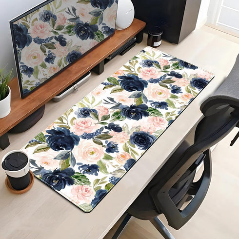 Blue Pink Mouse Pad Ink and Wash Blue Pink Flower Boho Desk Supplies for Women Office Aesthetic Desk Mat Mousepad Desk Pad Keyboard Pad, Non-Slip ...
