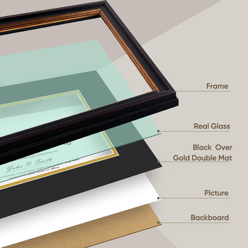 Golden State Art, 8x10 Document Frame for 6x8 Diploma/Certificate/Picture, Black Gold & Burgundy Color. Includes Double Mat, Real Glass (Black Ove...