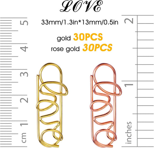 60Pcs Love Shape Paper Clips Rose Gold Heart Paper Clips Love Gold Paperclips Funny Cute Paperclips Metal Paper Clips Love Heart Shapes Bookmarks ...