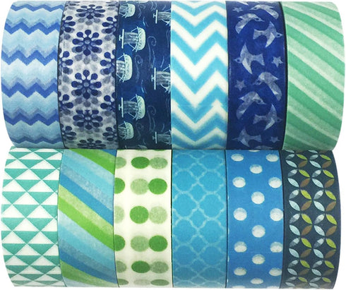 AllyDrew Blue & Greens Washi Tapes Decorative Masking Tapes (ADSET14), Set of 12...