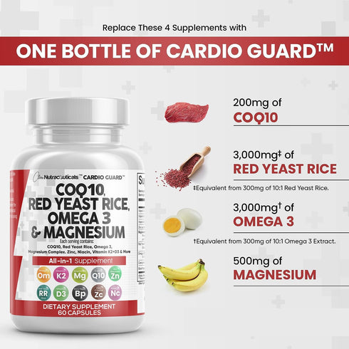 COQ10 200mg Red Yeast Rice 3000mg Omega 3 3000mg Magnesium Complex 500mg Niacin Zinc Vitamin K2 D3 - Heart Health Support Vitamins for Women and M...