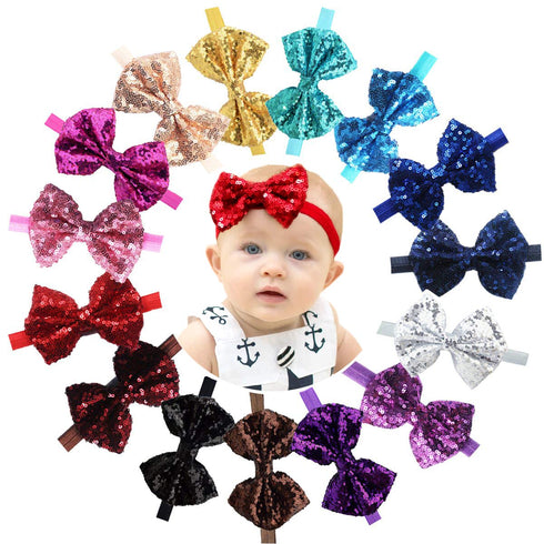 CÉLLOT 15pcs Baby Girl Headbands Sparkly Glitter Sequins 4" Big Hair Bows Ribbon Soft Stretchy Hair Bands for Infant Newborn and Toddlers...