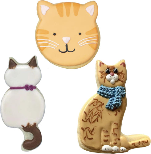 Cat Cookie Cutters 3-Pc. Set Made in USA by Ann Clark, Cat Face, Sitting Cat, Curled Cat...