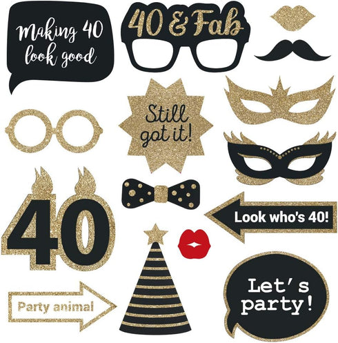 Fully Assembled 40th Birthday Photo Booth Props - Set of 30 - Black & Gold Selfie Signs - 40th Party Supplies & Decorations - Cute Bday Designs wi...
