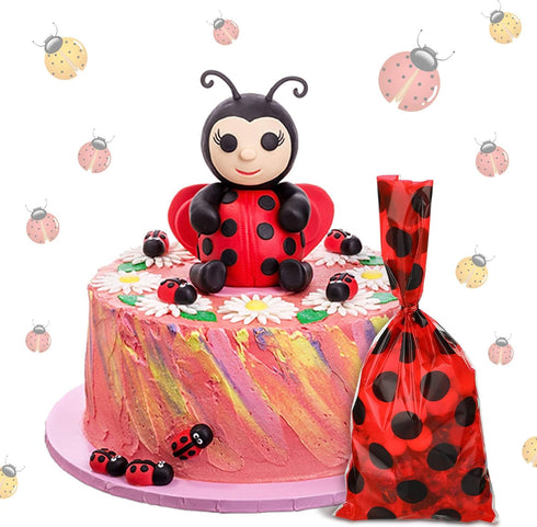 Zonon Ladybug Party candy bag Red Treat Goodie Bags birthday favor Reception Bag Household Tie Silk Bags with Red Twist Ties for Party Favors (100...