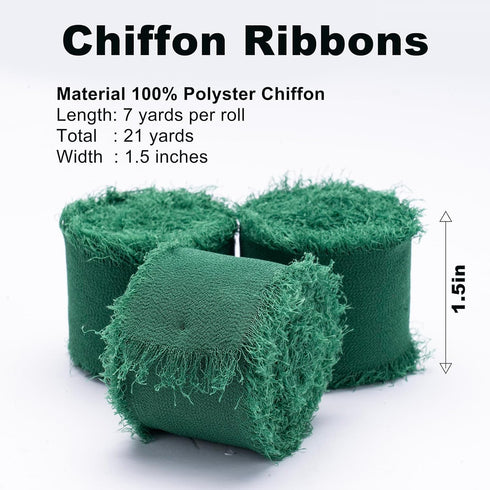 Chiffon Ribbon, 3 Rolls Dark Green Handmade Fringe Chiffon Silk Ribbon 1.5" x 7Yd Ribbons Set for Wedding Invitations,Christmas, Bridal Bouquets, ...