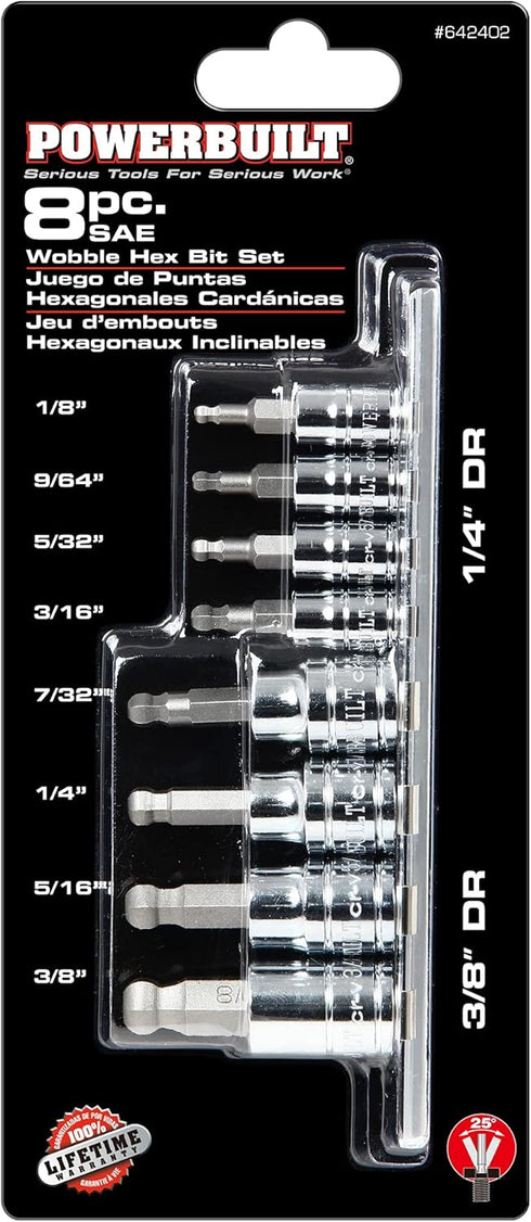 Powerbuilt 642402 SAE Wobble Ball Hex Bit Set, 8-Piece, Silver...