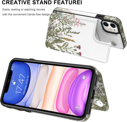 LETO for iPhone 11 Case,Luxury Flip Folio Leather Wallet Case Cover with Fashion Floral Designs for Women,Built-in Card Slots Kickstand,Protective...