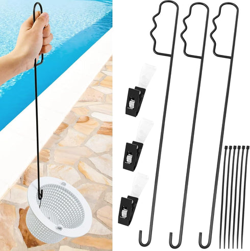 3 Set Pool Skimmer Basket Hook, 16? Stainless Steel Skimmer Lid Lifting Hook with Pool Test Pool Filter Skimmer Handle Inground Pool Cleaner Tools...