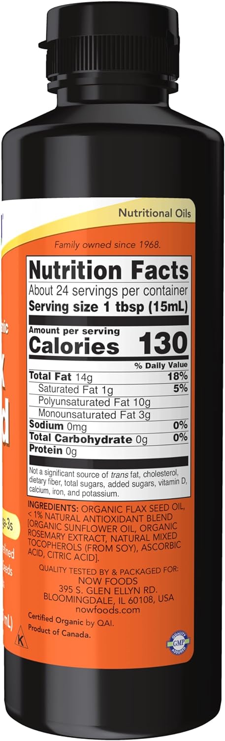 NOW Supplements, Certified Organic Flax Seed Oil Liquid, Cold-Pressed and Unrefined, 12-Ounce...