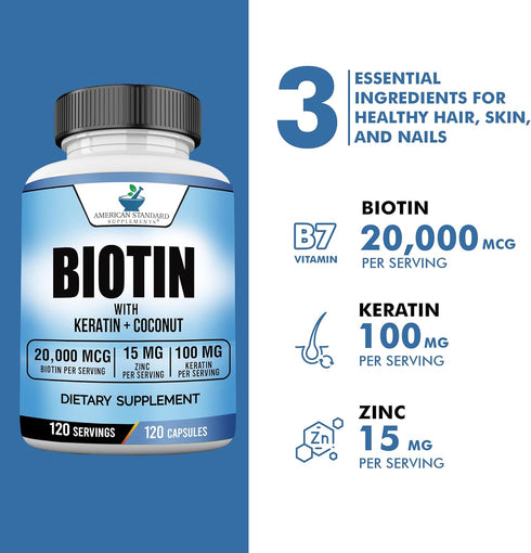 Biotin 20,000mcg with Keratin, Coconut Powder and Zinc, Hair Growth Supplements, Biotin Supplements, Healthy Hair Skin & Nails for Adults,120 Vegg...