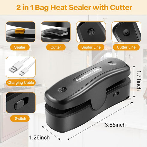 Rechargeable Mini Bag Sealer, 2 in 1 Heat Sealer and Cutter, Vacuum Sealer?Chip Bag Sealer for Snack Chip Plastic Bags, Portable Mini Sealing Mach...
