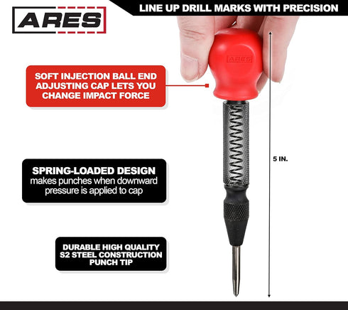 ARES 10022 - Automatic Center Punch - 5-Inch Adjustable Spring-Loaded Tool - Anti-Slip Knurled Grip - Durable S2 Steel Tip...