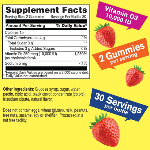 Vitamin D3 10,000 IU Gummies (250 mcg) - Immune supprt, Bone and muscle supprt - Vegan, Nut Free Vitamin D Gummies - Natural sourced flavors - 60 ...