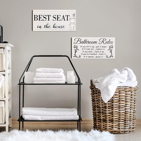 Jetec 2 Pieces Funny Bathroom Pictures Wall Sign Decor Farmhouse Bathroom Rule Wall Art Toilet Rustic Decoration Best Seat Wooden Sign(Simple Styl...