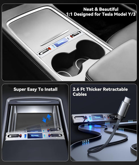Upgraded Tesla USB Hub - QC 3.0 Center Console Fast Charger Adapter for Tesla Model Y 3 Accessories 2021 2022 2023, 2.6ft Lightning & USB-C Cables...
