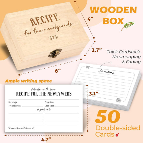 50 Pcs Recipe Cards for Bridal Shower - 4x6 Recipe Cards Box for Newlyweds, Wooden Recipe Box With Cards, Double-sided Blank Recipe Notecards for ...