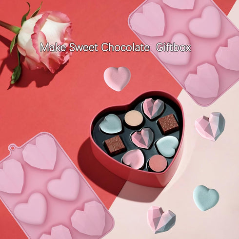 Valentine's Day Silicone Molds 2PCS Large 3D Diamond Heart Shape Chocolate Molds Soap Molds Cookie Cake Silicone Heart Molds for Candy Jello Candl...
