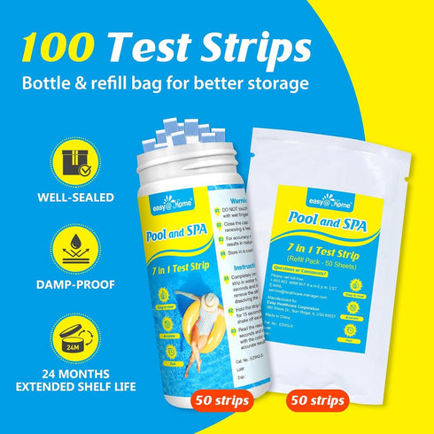 Swimming Pool Test Strips 100Count: Easy@Home 7-Way Accurate Water Chemicals Testing Kit for Chlorine, Bromine, Hardness, pH, CYA, Alkalinity...
