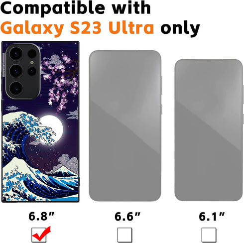Compatible with Samsung Galaxy S23 Ultra Case Japanese Wave Cherry Blossom Moon Pattern Phone Case for Boys Girls Aldults, Shockproof Anti-Scratch...