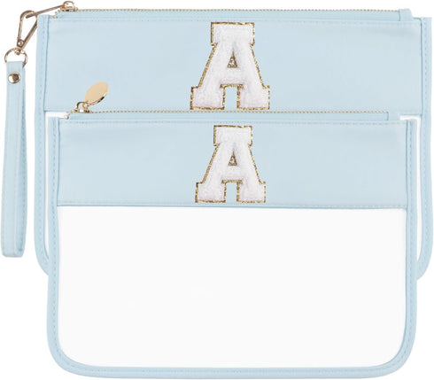 Clear Makeup Bag Set 2pcs Glitter Chenille Monogram Snacks Bag Travel Essentials Flat Zipper Pouch Cosmetic Brush Bag for Women (Blue Set-A)...