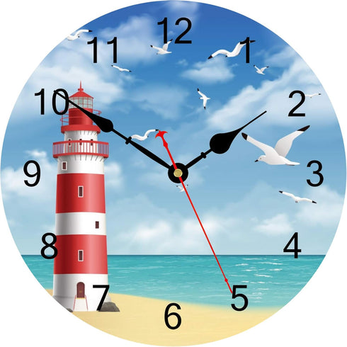 TAHEAT Lighthouse Seagull Ocean Wall Clock, Wooden Battery Operated Clocks, Silent Non Ticking Easy to Read Wall Clock for Kitchen/Bedroom/Living ...