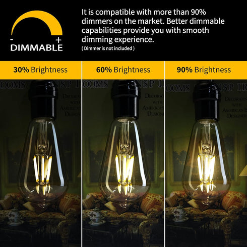 Brightown Led Edison Bulbs - 4 Packs E26 Dimmable 60 Watt Equivalent 6W LED Bulbs, 2700K Amber Bulbs Vintage Warm White Light Bulbs, 470 Lumens...