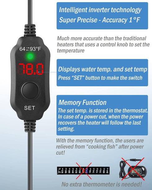 AquaMiracle Adjustable 20W Small Aquarium Heater Submersible Fish Tank Heater Betta Heater Turtle Heater Super Mini Aquarium Heater with Digital D...