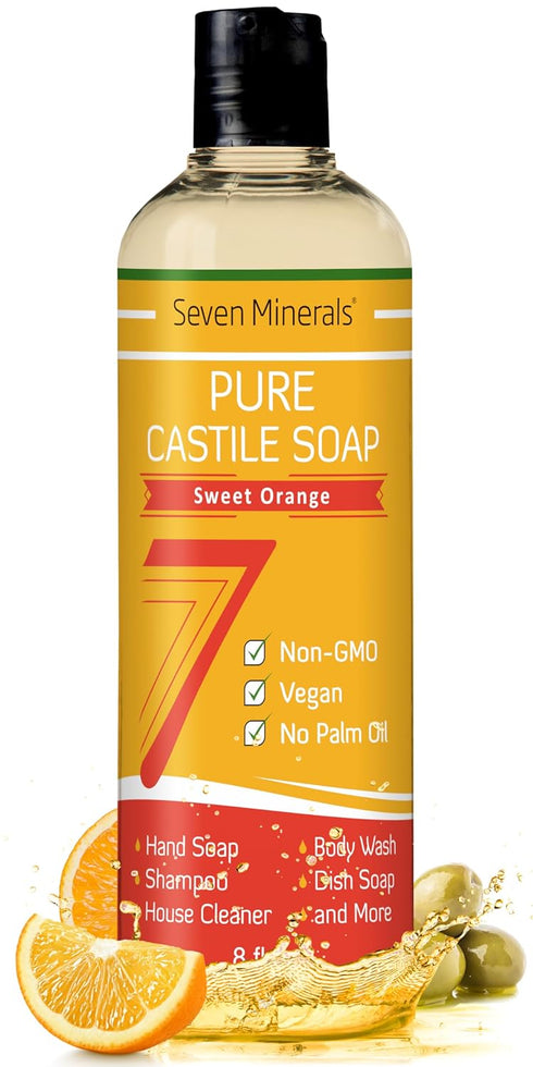 Pure Castile Soap, Sweet Orange - No Palm Oil, GMO-Free - Gentle Liquid Soap For Sensitive Skin & Baby Wash - All Natural Vegan Formula with Organ...
