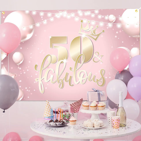 50 and Fabulous Backdrop Banner Happy 50th Birthday Background Decorations Fifty for Women Her Anniversary Photography Party Supplies Rose Gold, P...