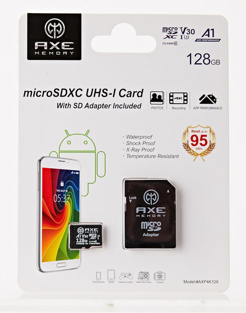 AXE MEMORY 128GB Micro SD Card 4K Ultra Full HD Video High Speed MicroSDXC Up to 95MB/S A1 V30 UHS-I U3, with SD Adapter...