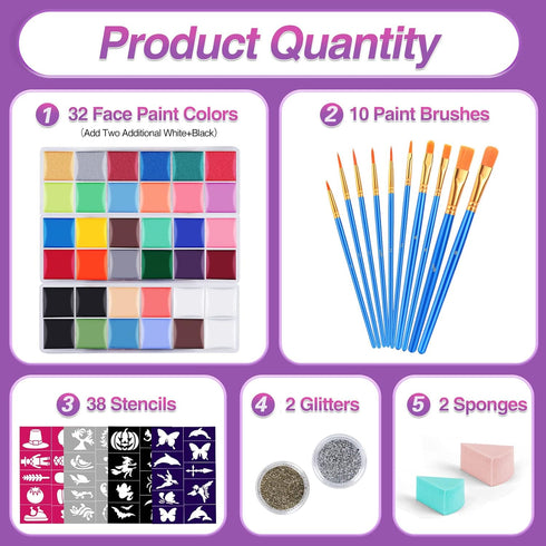 Face Painting Kit For Kids Party,32 Colors Professional Oil Face&Body Paint Kit with 10 Brushes 4 Reusable Face Stencils,2 Glitters and 2 Sponges ...