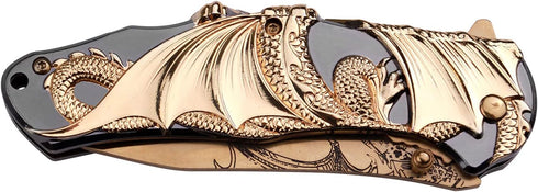 Masters Collection -Spring Assisted Open Folding Knife - Gold TiNite Coated Stainless Steel Blade w/Etched Dragon, Gold and Black 2-Tone Zinc Allo...