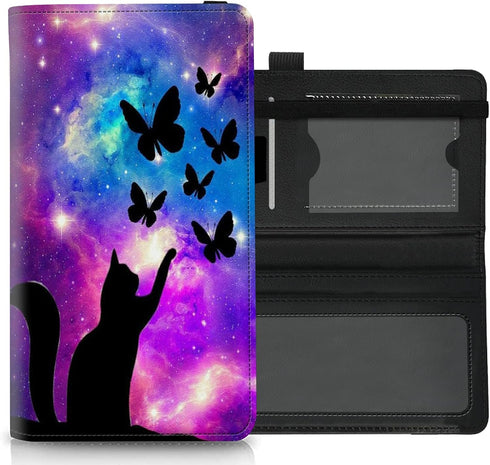 Checkbook Cover for Women Men Premium Leather Check Book Holder Wallet with RFID Blocking Function and Elastic Band, Galaxy Butterfly Cat...