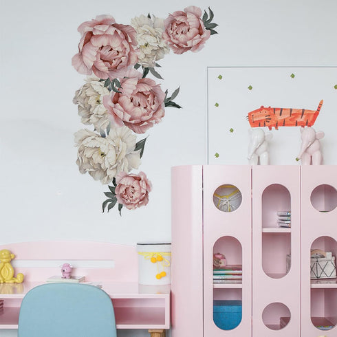 WINDVALE Pink Peony & Rose Floral Wall Stickers, Peel & Stick, Waterproof, Modern Style, 2 Sheets (11.8 x 35.4 inches each), Ideal for Bedroom, Li...