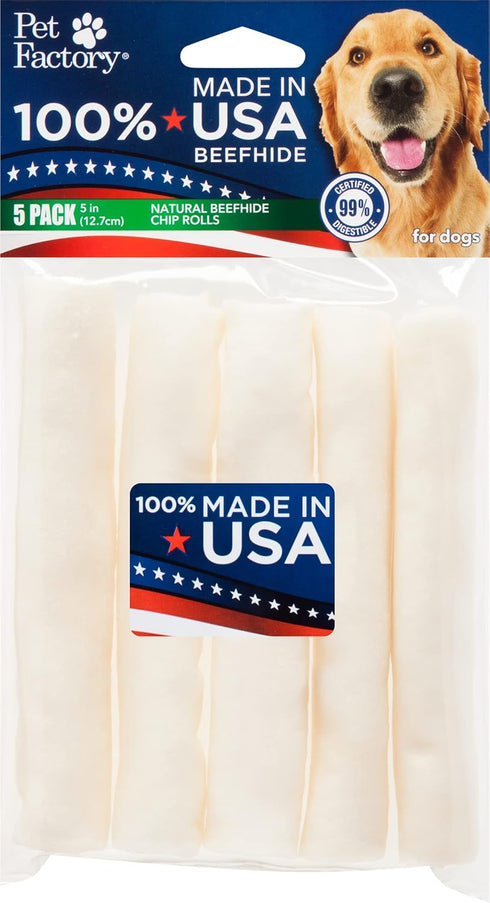 Pet Factory 100% Made in USA Beefhide 5" Chip Rolls Dog Chew Treats - Natural Flavor, 5 Count/1 Pack...