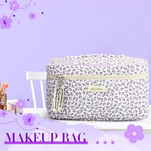 3 Pcs Quilted Makeup Bag Large Cosmetic Bag Floral Makeup Bag Travel Aesthetic Cute Kawaii Toiletry Cosmetic Pouch with Zipper for Women Gifts Hom...