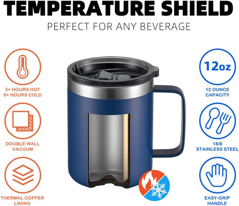 ALOUFEA 12oz Stainless Steel Insulated Coffee Mug with Handle, Double Wall Vacuum Travel Mug, Tumbler Cup with Sliding Lid, Navy...