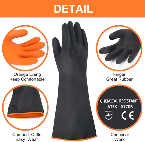 18" XL Size Latex Chemical Resistant Gloves, Reusable Heavy Duty Long Rubber Gloves Dishwashing Gloves, Industrial Safety Gloves for Men, Forearm ...