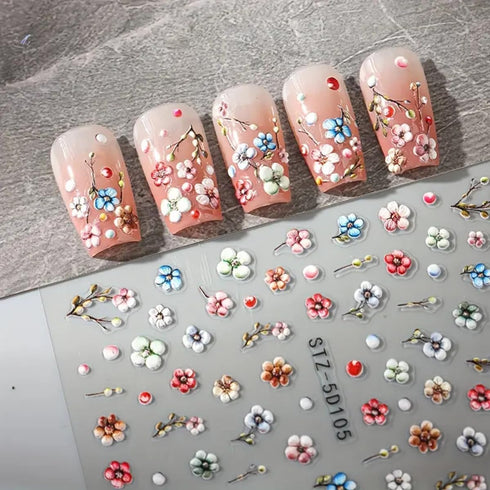 Flower Nail Art Stickers Summer Daisy Flower Nail Decals for Nail Art Decorations 4PCS Small Floral Five-petaled Design 5D Acrylic Engraved Nail S...