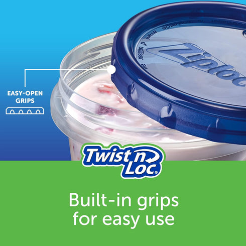 Ziploc Extra Small Round Twist 'n Loc Food Storage Meal Prep Containers, Reusable for Lunch and Leftovers, Dishwasher Safe, 4 Containers and 4 Lid...