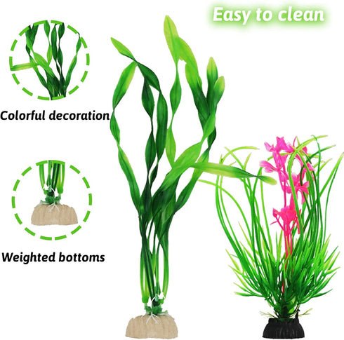 Fish Tank Accessories Aquarium Decorations Plants, 9pcs Green Fish Tank Decorations Plants and Cave Rock Decoration Decor Set, Aquarium Decor Plas...
